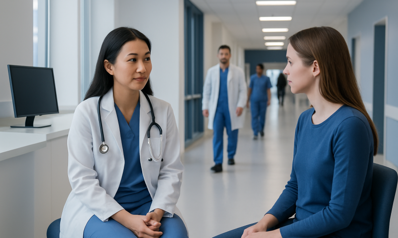 Doctor consulting with patient in hospital corridor at Acibadem Hospitals Group.