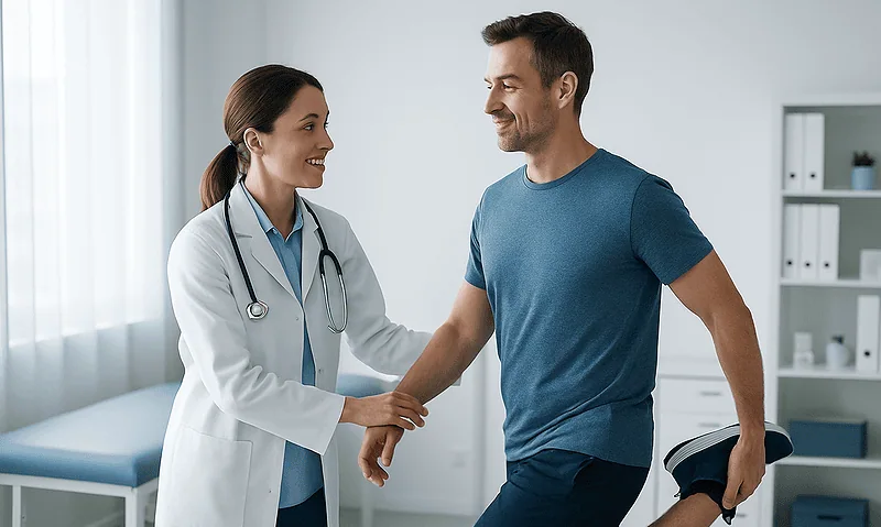 Doctor helping patient stretch leg in medical clinic setting.