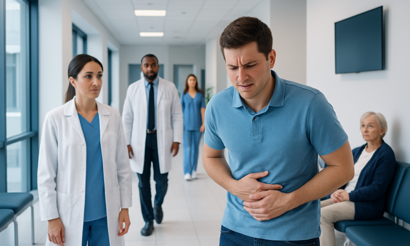 Man experiencing stomach pain in hospital corridor with medical staff nearby.