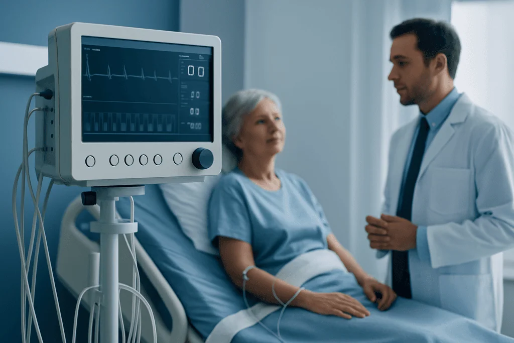 Doctor monitoring patient with heart rate monitor in hospital room.