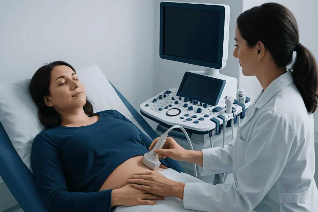 Doctor performing an ultrasound on a pregnant woman in a hospital room.