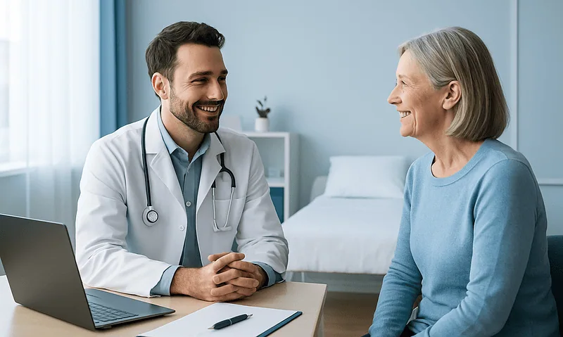 Doctor consulting with an elderly female patient in a medical office.