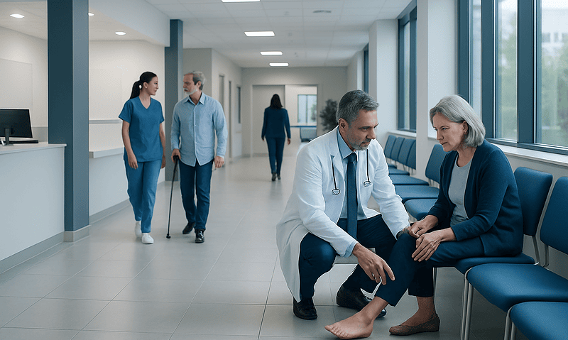 Doctor examining elderly woman's foot in hospital corridor.