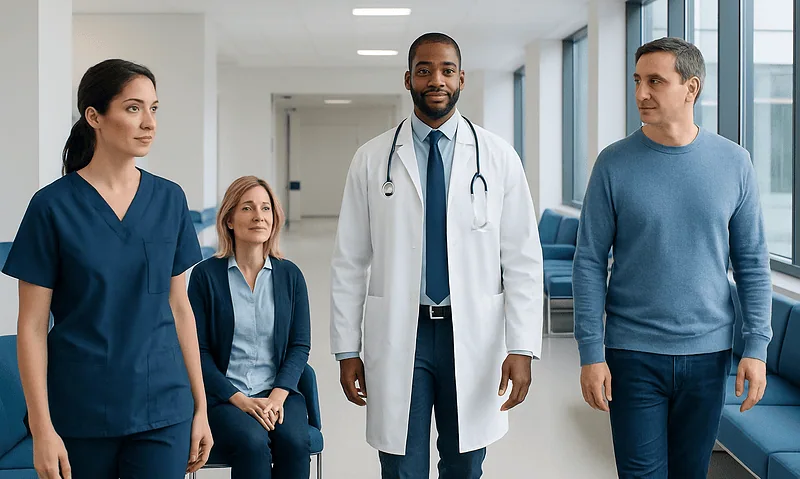 Medical team at Acibadem Hospitals Group in a modern corridor.