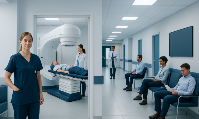 Medical staff preparing for a CT scan in a modern hospital setting.