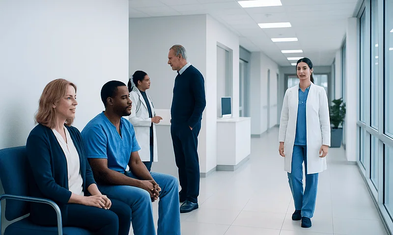 Medical team discussing patient care in hospital corridor.
