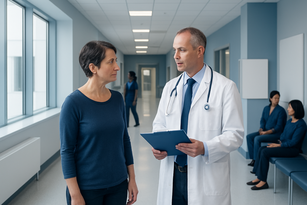 Radiation Oncology News Today: How It Works, Results and What to Expect 1 Doctor consulting with a patient in a hospital corridor.