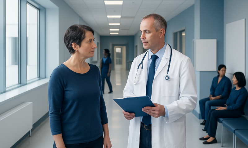 Doctor consulting with a patient in a hospital corridor.