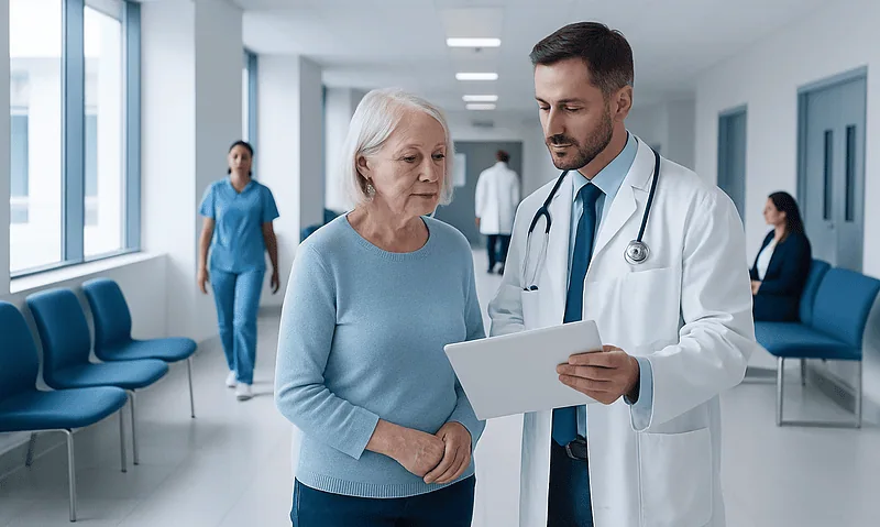 Doctor consulting with elderly patient in hospital corridor.