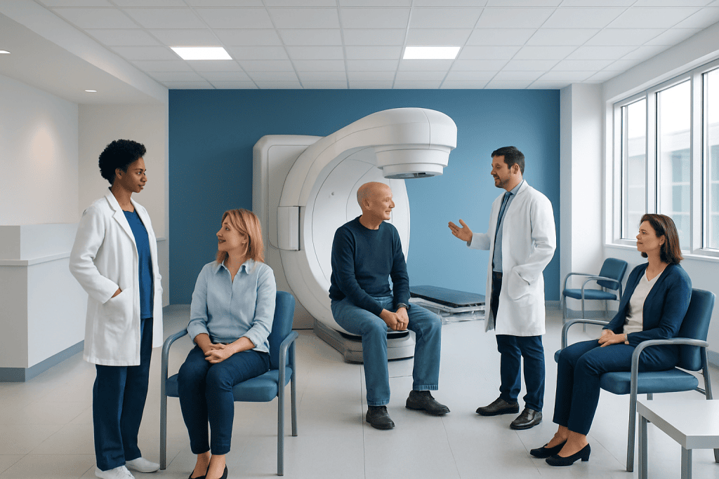 Radiation Treatment Center: How It Works, Results and What to Expect 1 Medical team discussing radiation treatment with patient in hospital room.