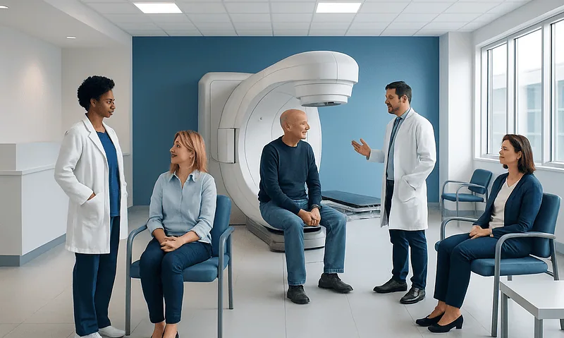 Medical team discussing radiation treatment with patient in hospital room.