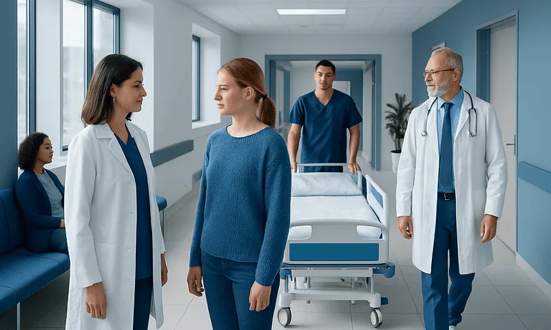 Medical team discussing patient care in hospital corridor.