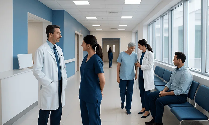 Medical professionals and patients in a hospital corridor at Acibadem Hospitals Group.