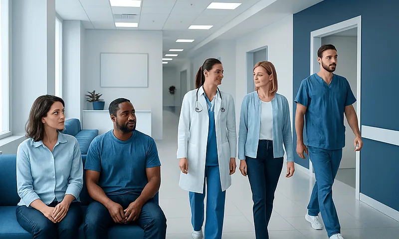 Medical team consulting patients in a hospital corridor.