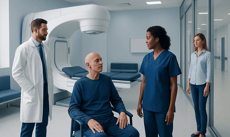 Medical team preparing patient for radiotherapy in a modern hospital.