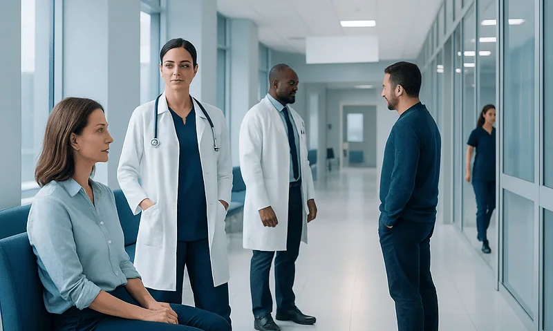 Medical team consulting in hospital corridor with patient.