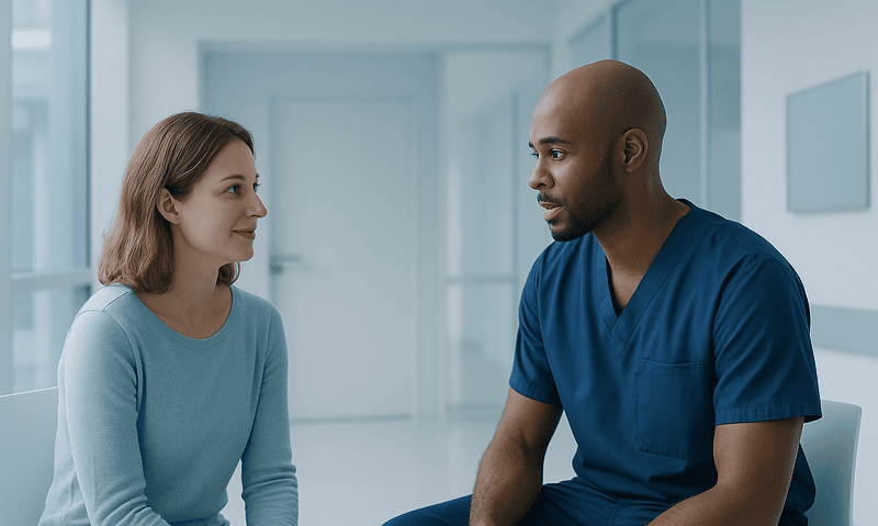 Doctor consulting with a female patient in a modern hospital setting.