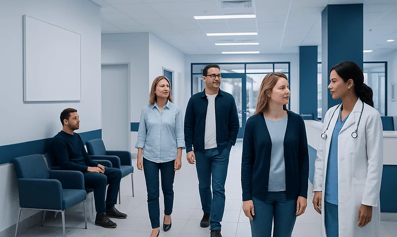 Medical professionals and patient in hospital corridor at Acibadem Hospitals Group.