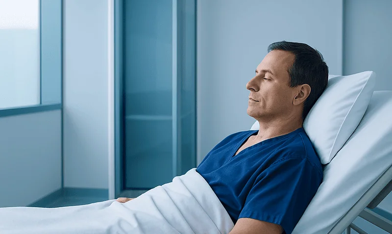 Patient resting in hospital bed at Acibadem Hospital.