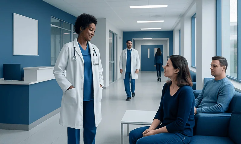 Doctor consulting patients in a modern hospital corridor.