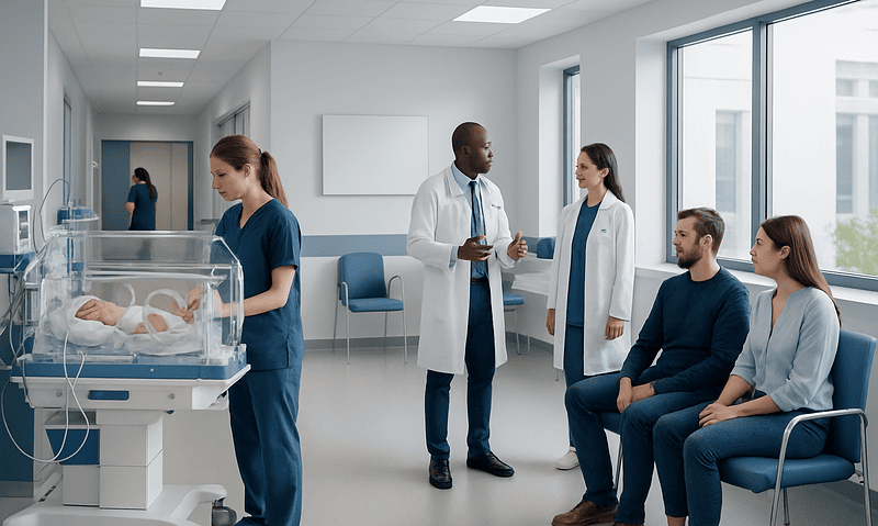 Medical team monitoring a newborn in a hospital nursery with doctors and nurses.