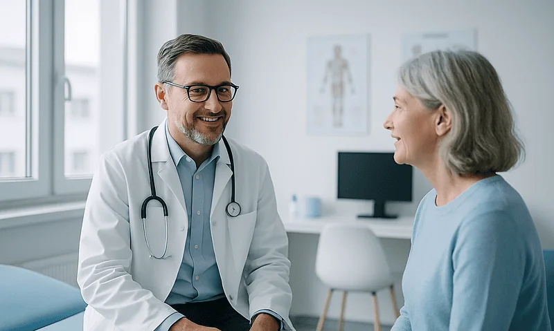 Doctor consulting with an elderly female patient in a medical office.