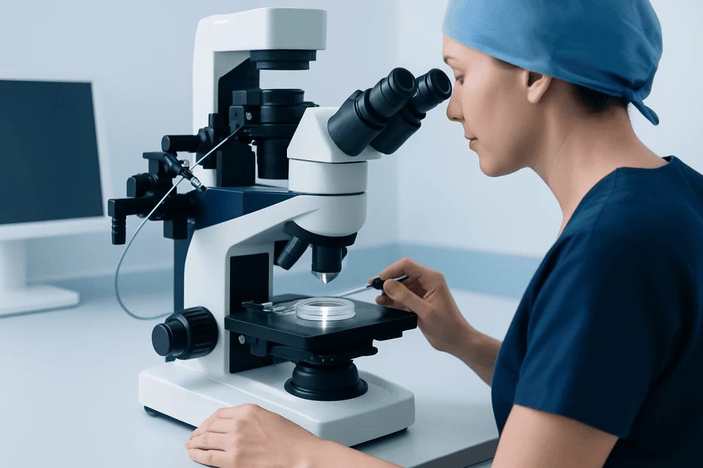 Female scientist examining samples with a microscope in a laboratory setting.