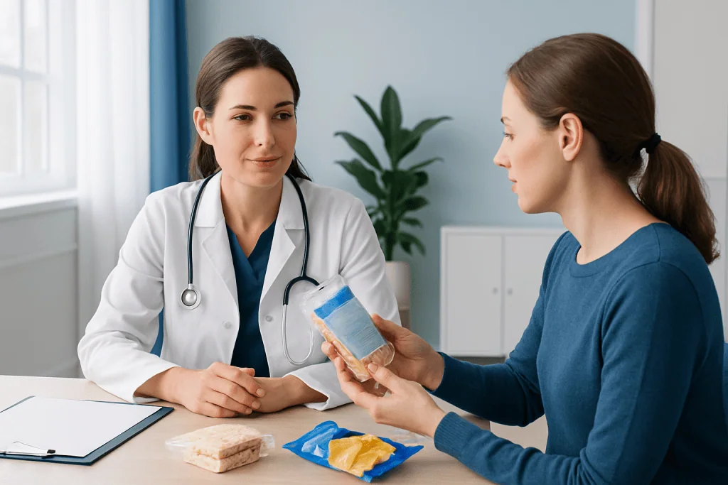 Doctor explaining gluten-free snacks to patient in consultation room.