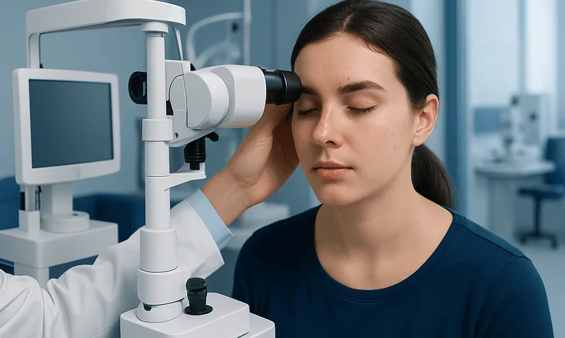 Young woman undergoing eye examination with slit lamp at hospital.
