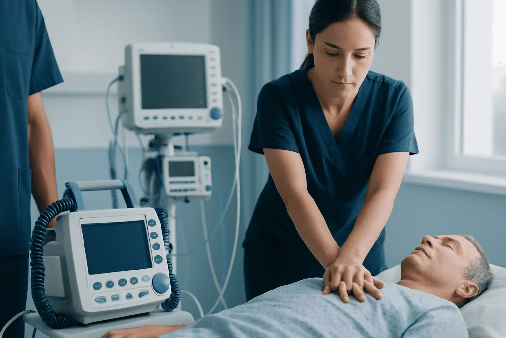 Healthcare professional performing CPR on patient in hospital setting.