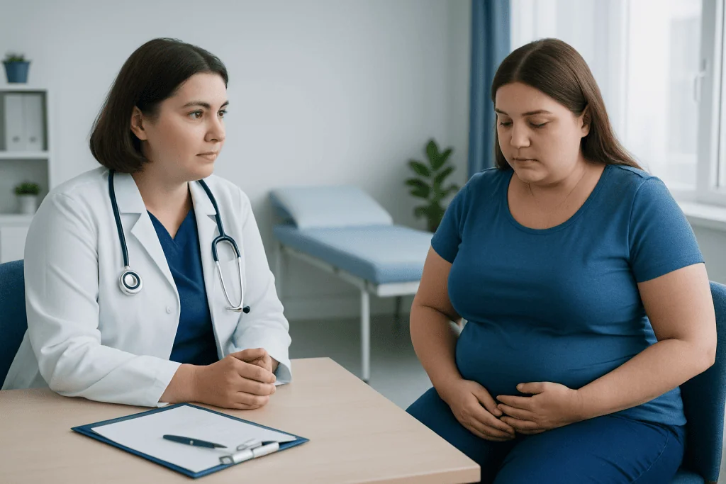Doctor consulting with a pregnant woman in a medical office.