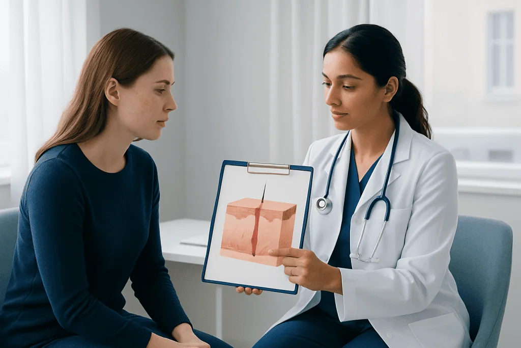 Dermatologist explains skin layers to patient with skin condition.