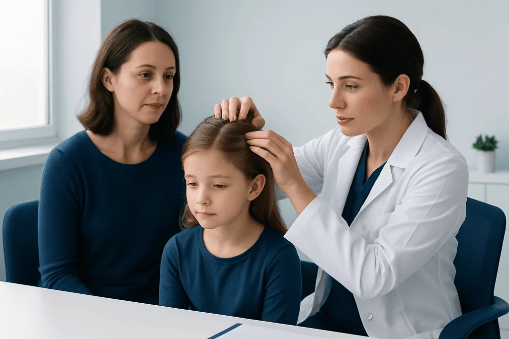 Doctor examining a young girl's scalp during a consultation at Acibadem Hospital.