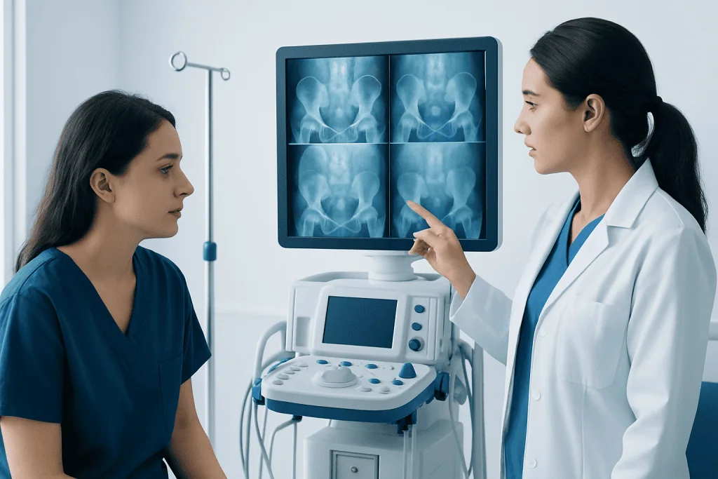 Medical professionals reviewing hip X-ray images in a clinical setting.