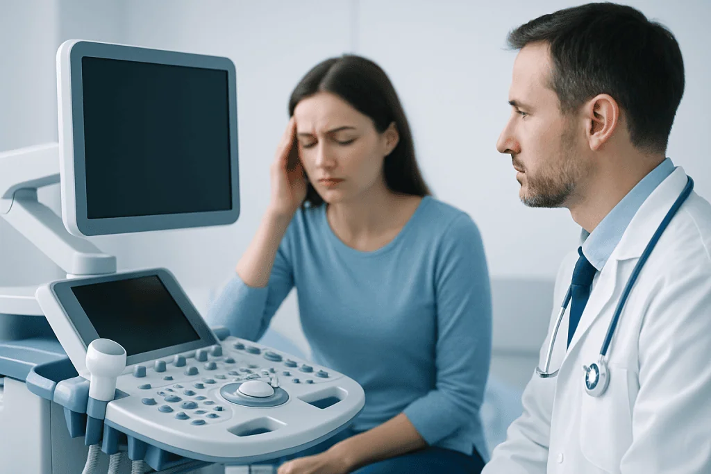 Patient experiencing headache during medical examination at Acibadem Hospital.