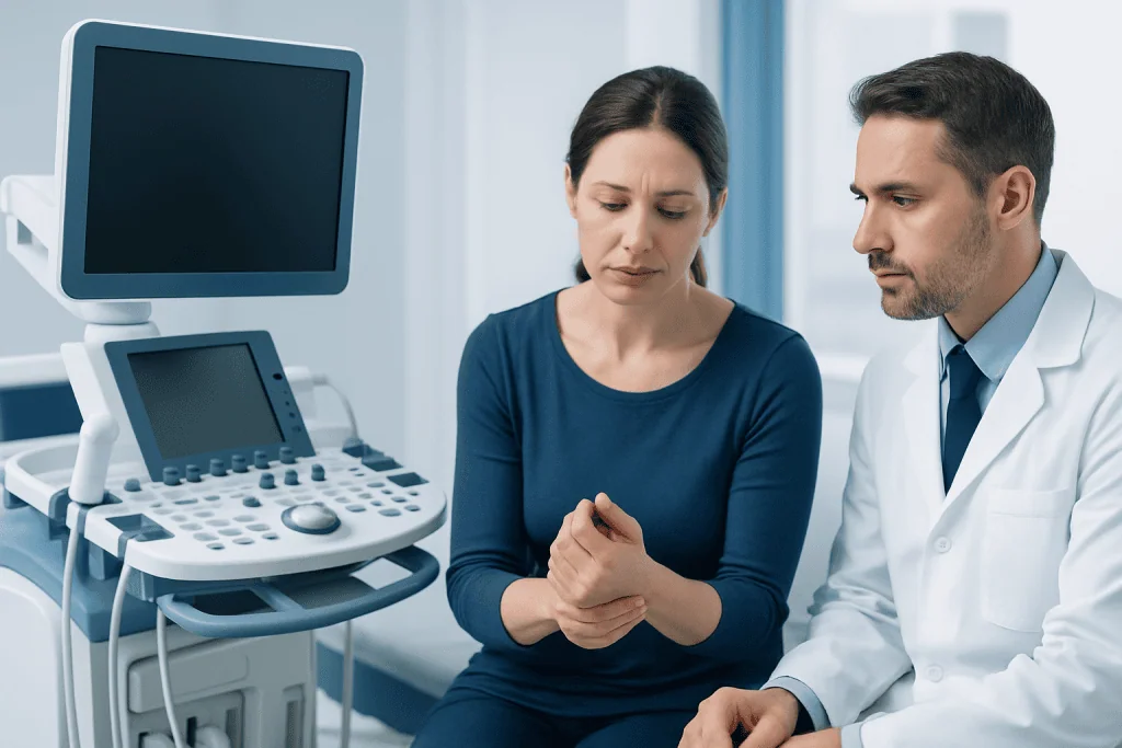 Doctor consulting a patient with wrist pain in a medical clinic.