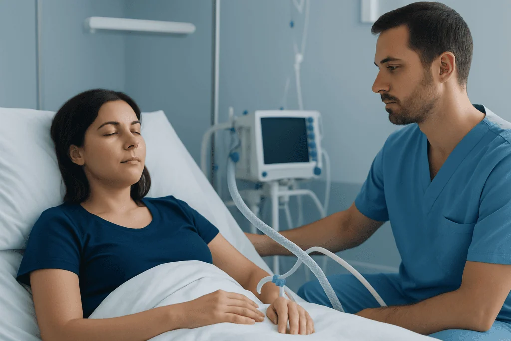 Patient in hospital bed receiving medical care from healthcare professional.