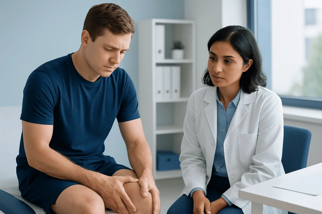 Doctor consulting with patient about shin pain and treatment options.