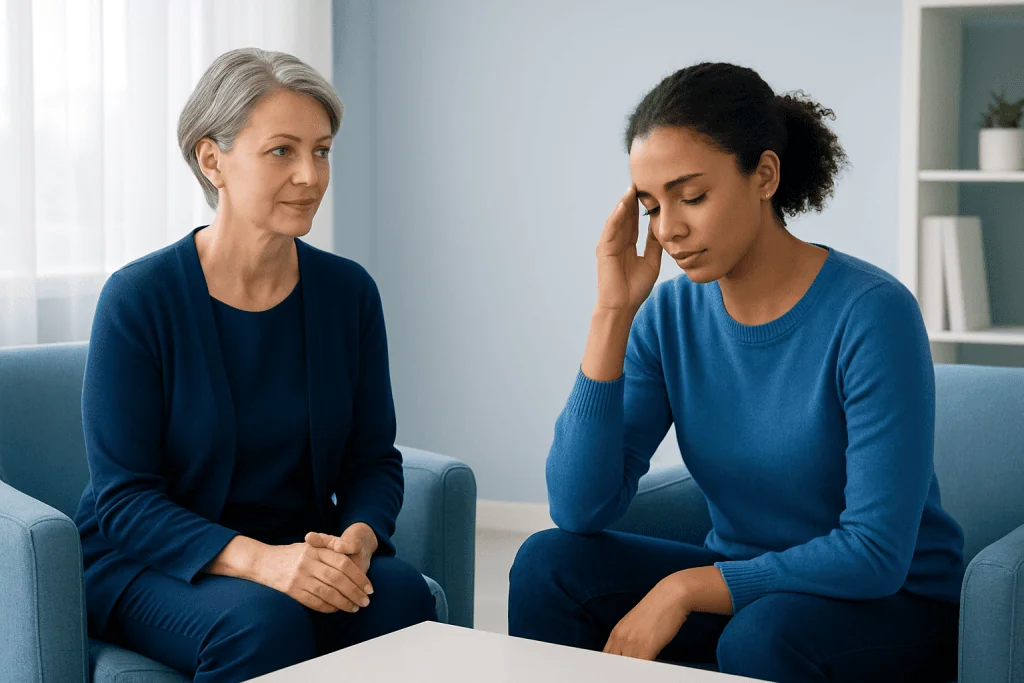 Counselor listening to a young woman expressing concern in therapy session.