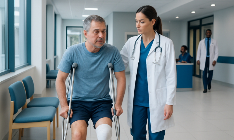 Patient with crutches talking to a healthcare professional in hospital corridor.