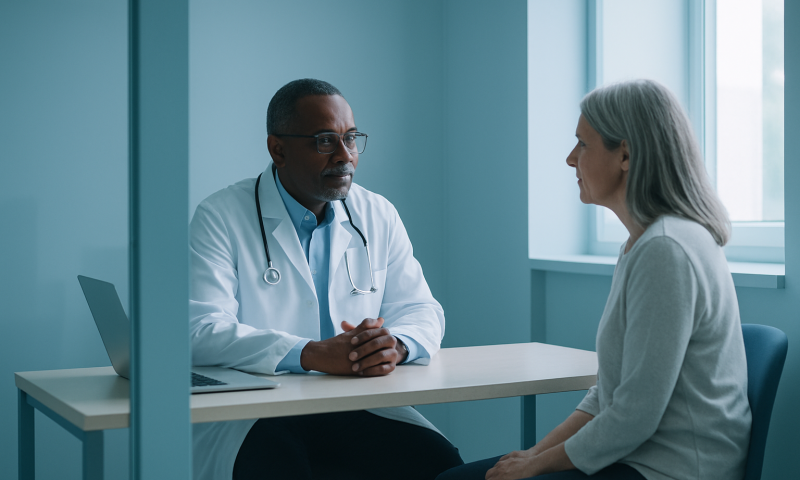 Doctor consulting with a patient in a modern hospital room.