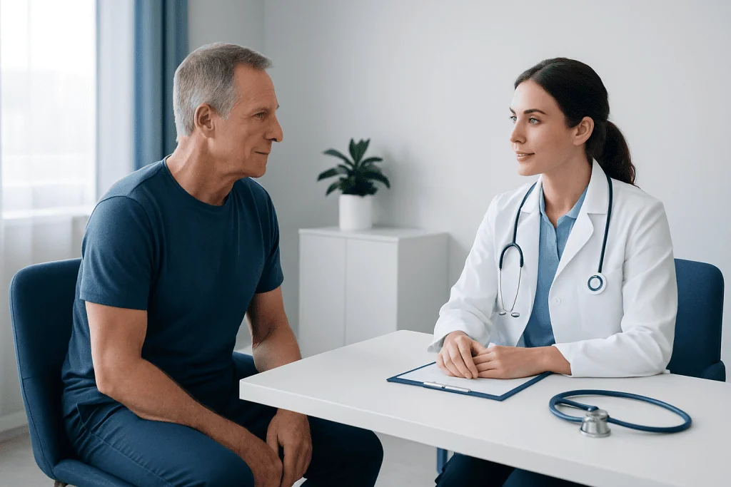 Doctor consulting with a male patient in a medical office.