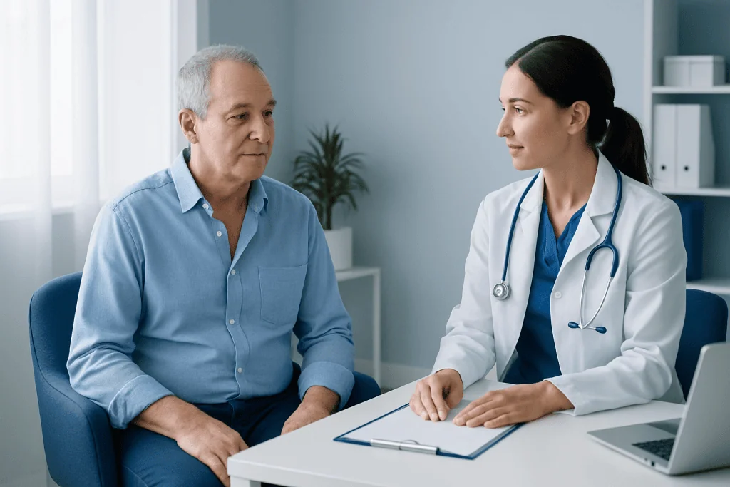 Doctor consulting with a patient in a medical office setting.