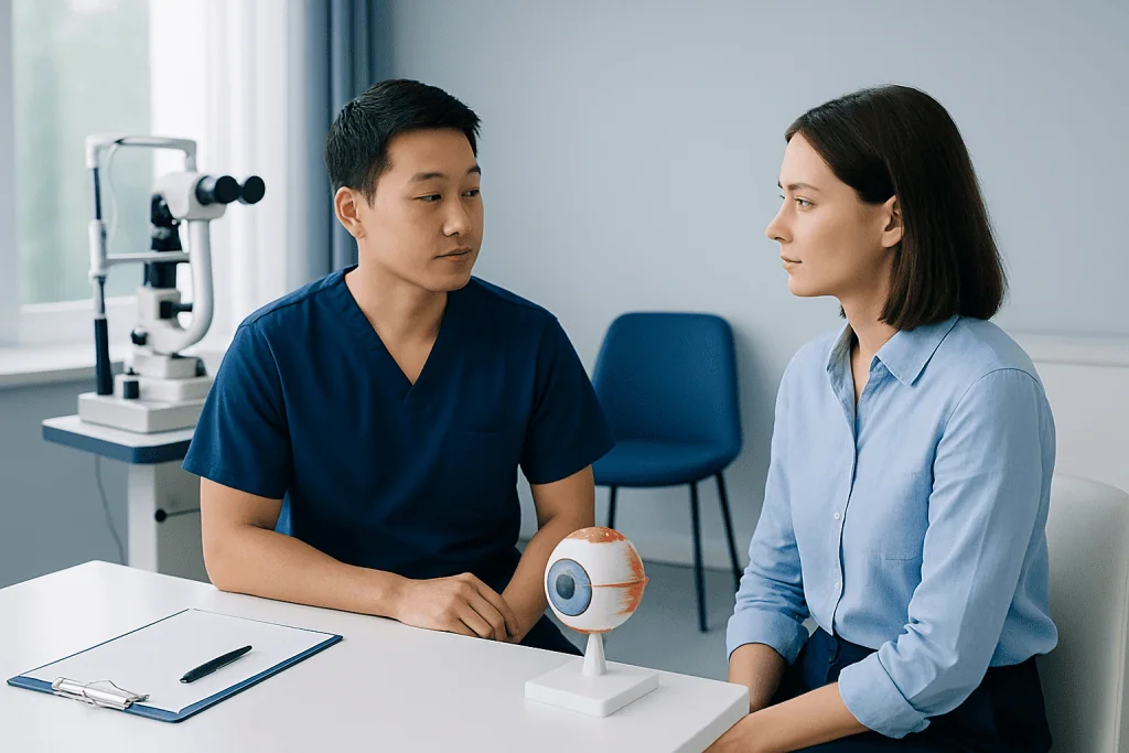 Ophthalmologist explaining eye anatomy to patient in clinic.