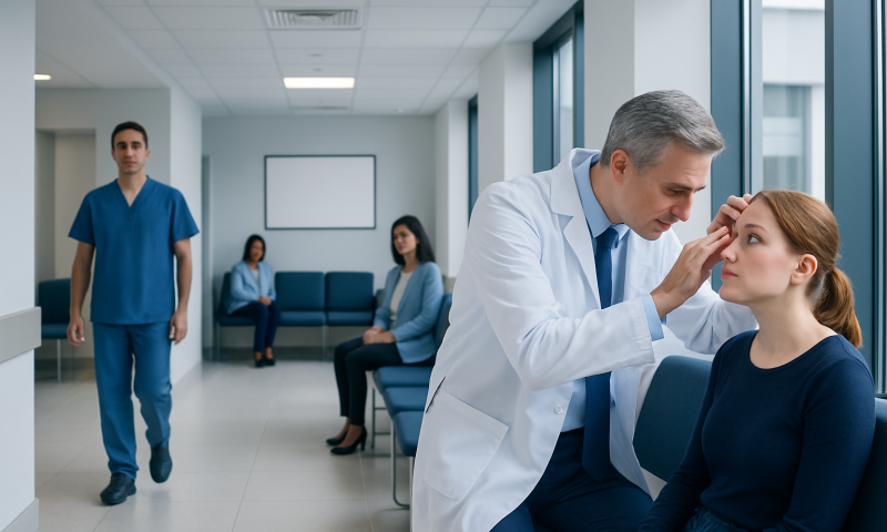 Red Eye Treatment: How It Works, Results and What to Expect 12 Ophthalmologist examines a young woman's eye in a hospital clinic.
