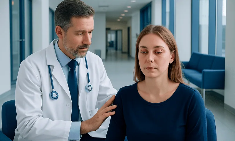 Doctor examining a young woman's eyes in a hospital corridor.