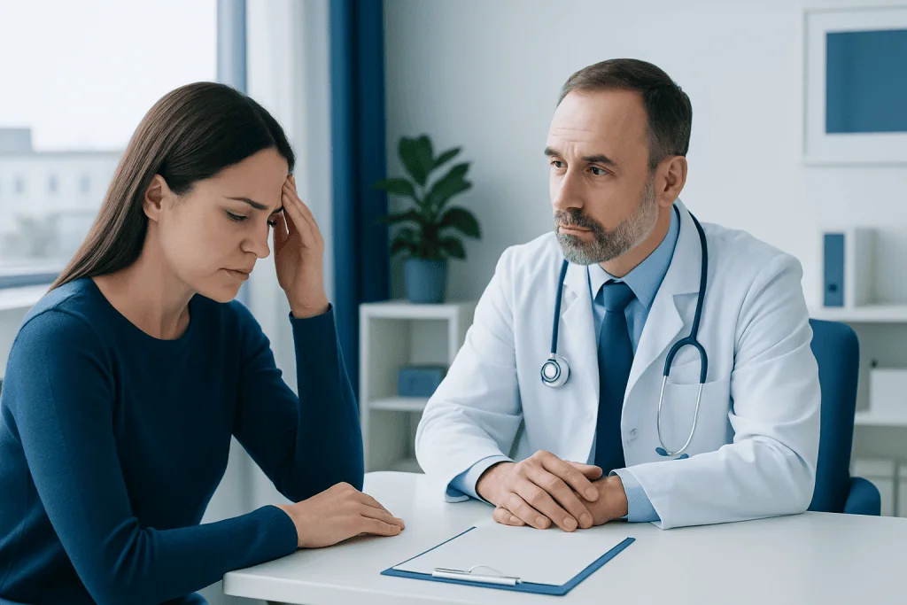 Doctor consulting with a patient about sinus infection symptoms.