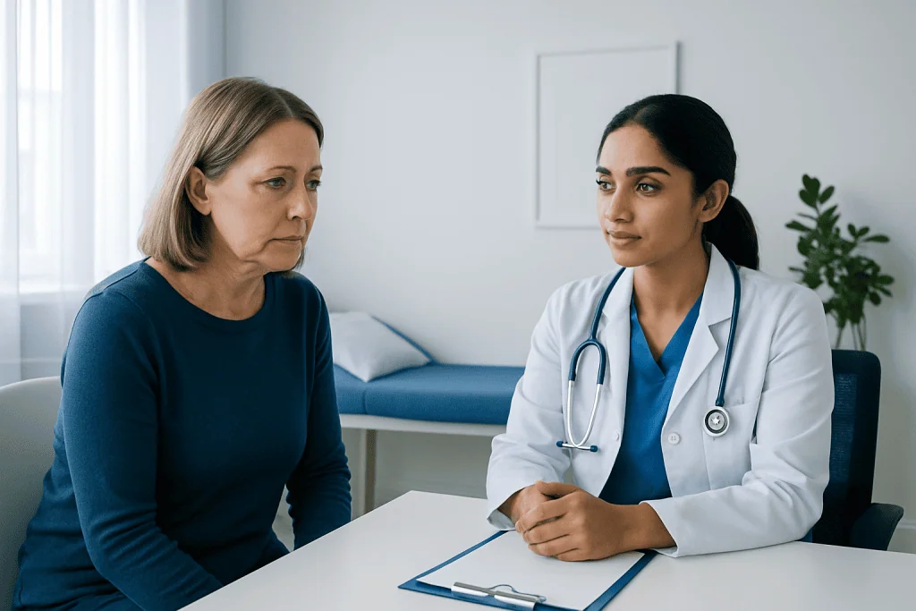 Doctor consulting with a middle-aged woman in a medical office.