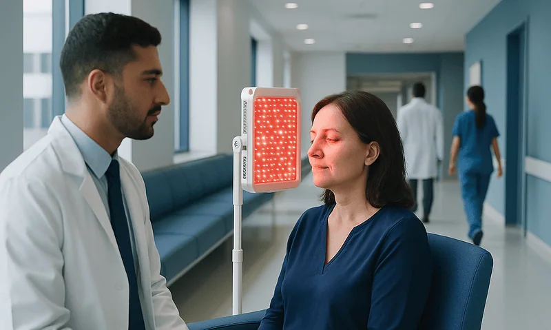 Patient undergoing red light therapy treatment in a hospital setting.