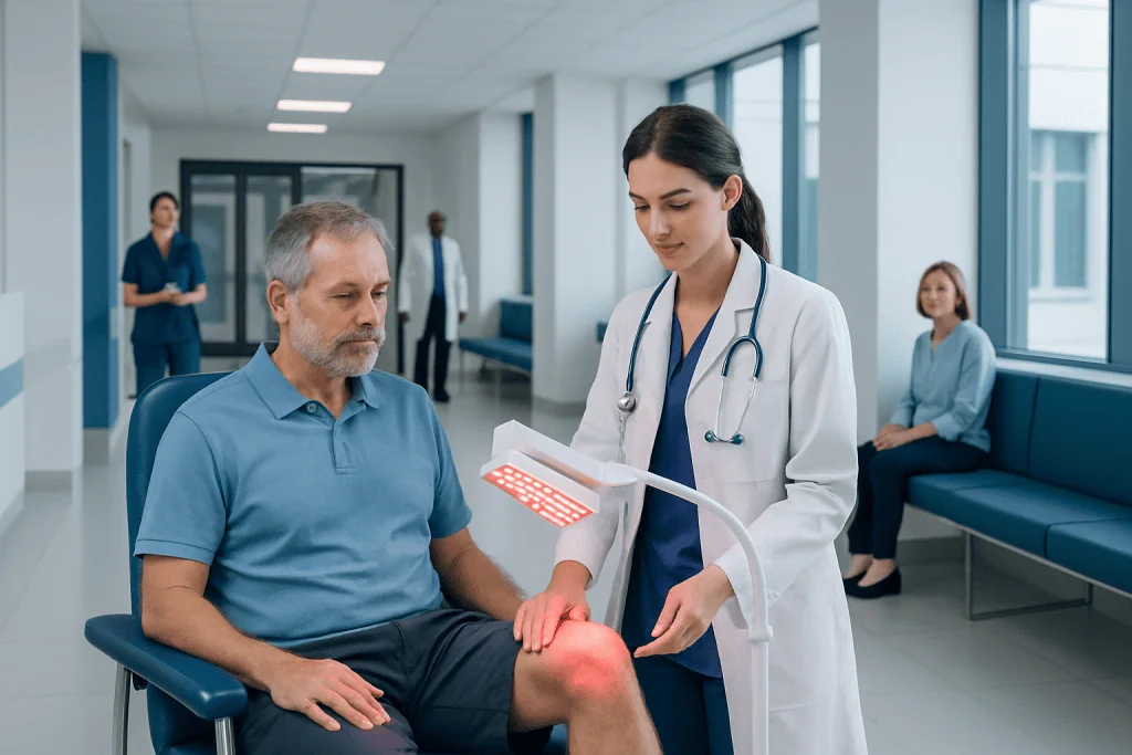 Red Light Therapy Neuropathy: How It Works, Results and What to Expect 1 Doctor applying red light therapy to patient's knee in clinic setting.